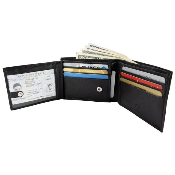 Leather Mens Wallet in Lambskin Leather, Black, Bifold Wallet - Picture 1 of 14